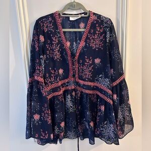 Navy Floral Peasant Tunic with Pink Trim